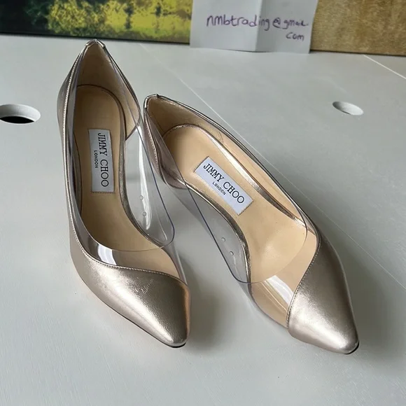 Jimmy Choo champagne color & plastic trim 8.5M(38.5) pointed toe classic pumps